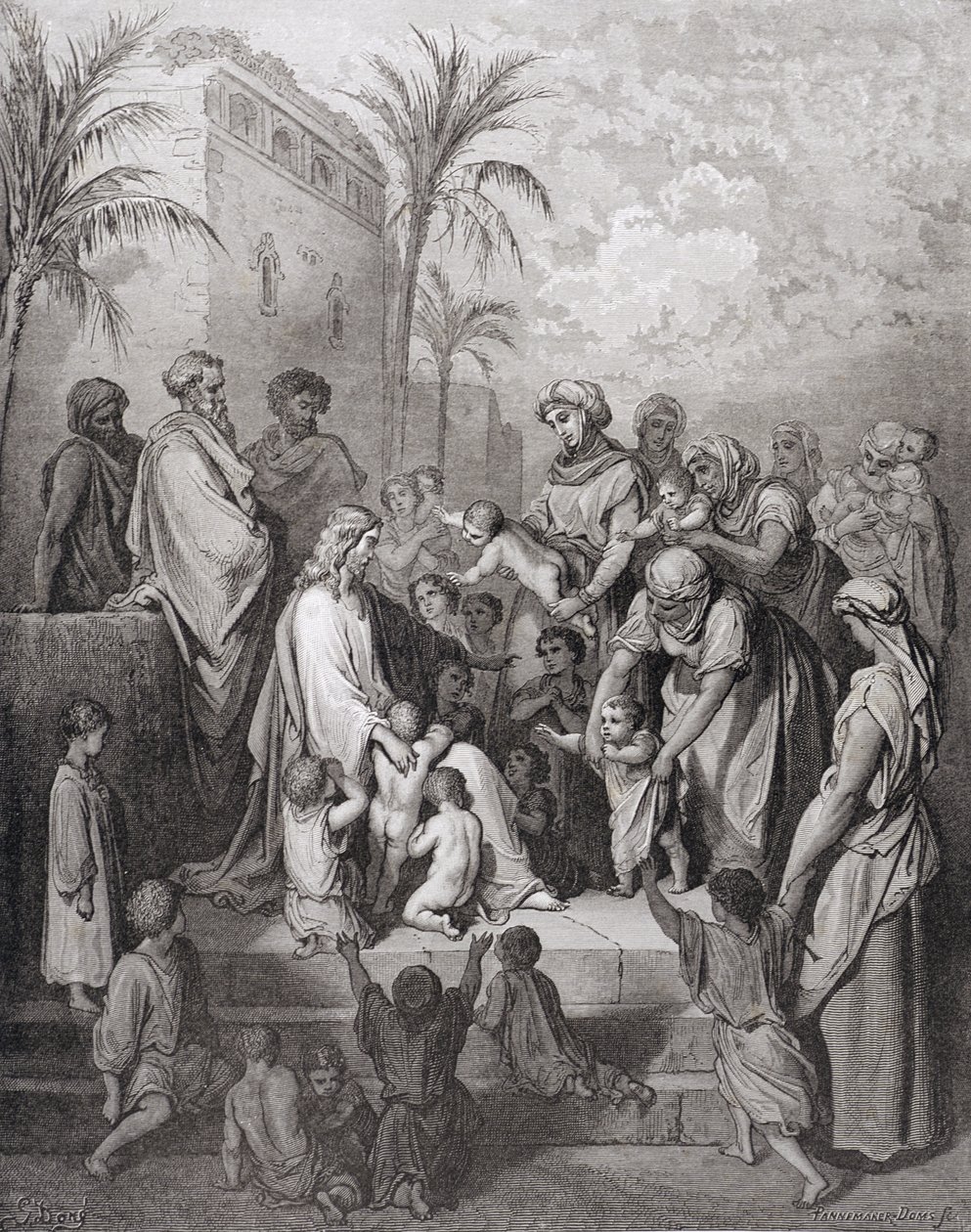 Jesus välsignar barnen, graverad av Stephane Pannemaker (1847-1930) c.1868 av Gustave Dore