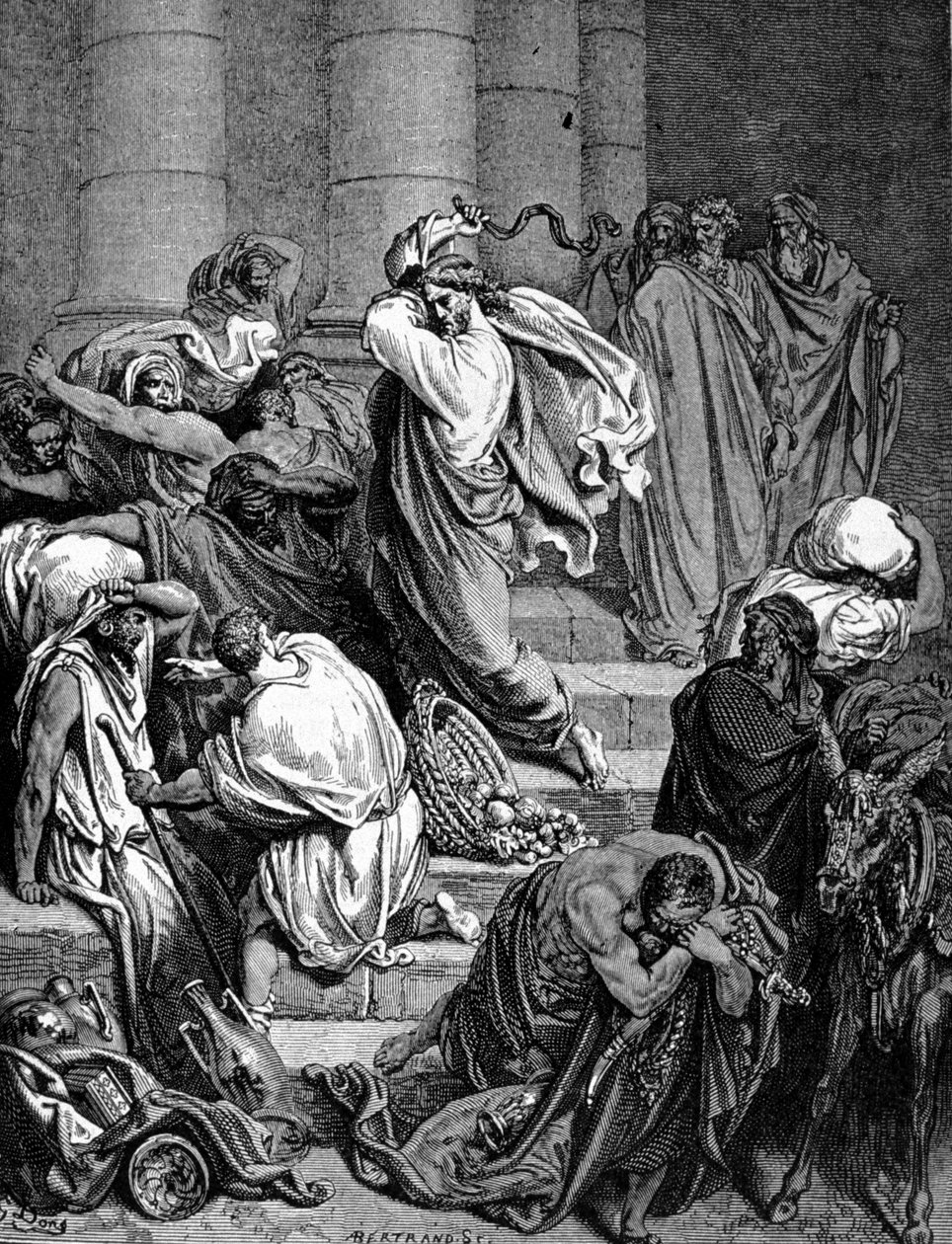 Jesus Kristus jagar köpmännen i templet. Illustration av Gustave Doré. av Gustave Dore
