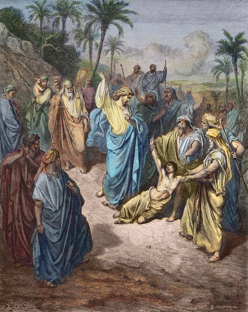 Jesus Kristus kämpar mot en ung besatt av demonen - Jesus helar galningen - Färggravyr efter Gustave Dore. av Gustave Dore