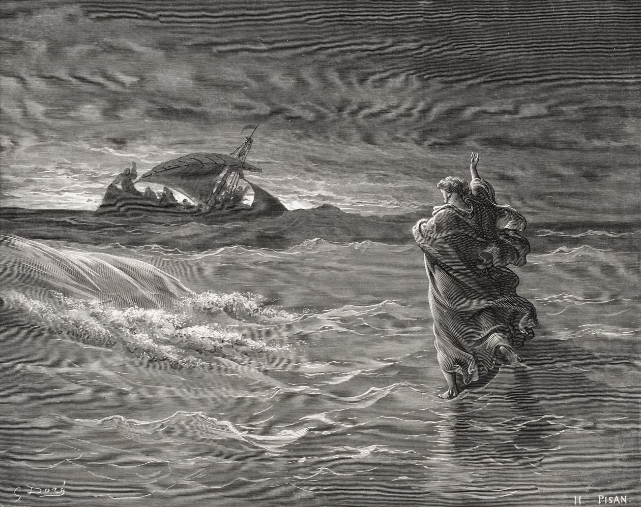 Jesus Walking on the Sea, Johannes 6:19-21, illustration från Dores 