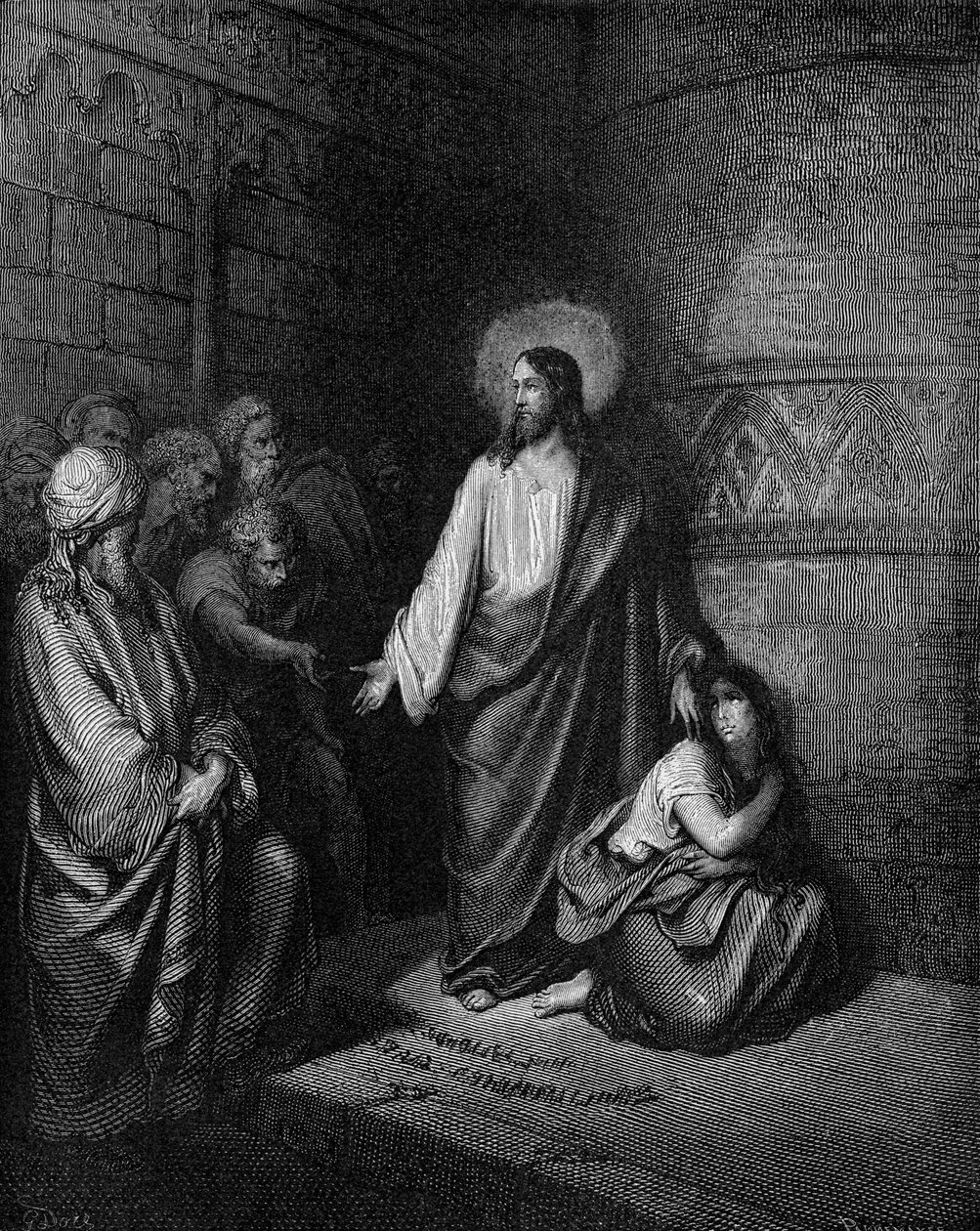 Jesus och kvinnan gripna i äktenskapsbrott av Gustave Dore