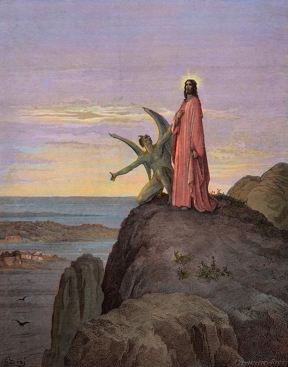 Jesus i öknen, utsatt för djävulens frestelse - Kristi frestelse - Satan frestade Jesus - gravyr av Gustave Dore - senare färgläggning av Gustave Dore