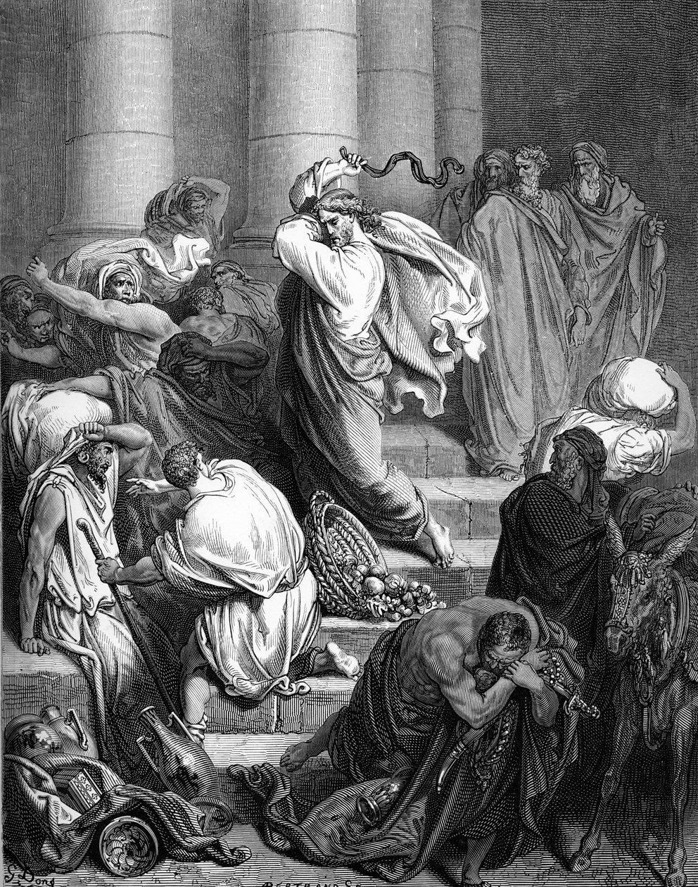 Jesus i templet, gravyr av Doré. - Bibeln av Gustave Dore