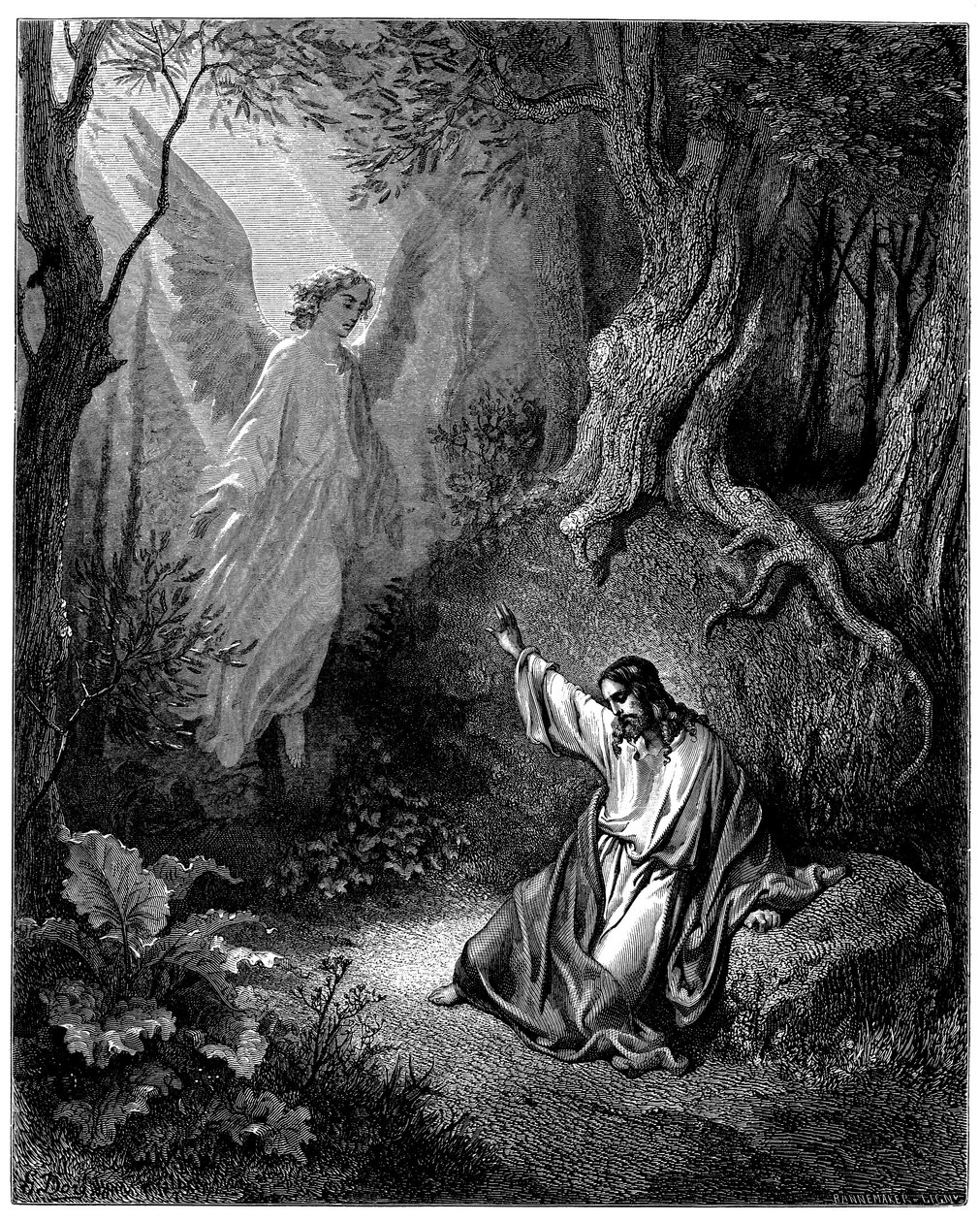 Jesus på Olivberget: en ängel uppenbarar sig för honom för att ge honom mod - Illustration av Gustave Dore för The Bible - av Gustave Dore