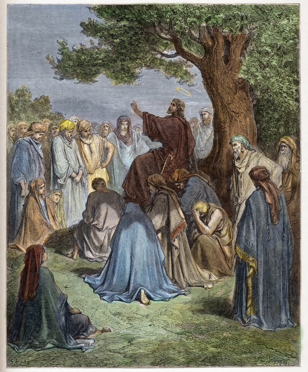 Jesus predikar för folkmassan - Jesus predikar för folkmassan - Jesus predikar inför folkmassan - - gravyr i "The Bible illustree" av Gustave Dore (1832-1883) - Gravyr från "" The Dore Bible"" av Gustave Dore