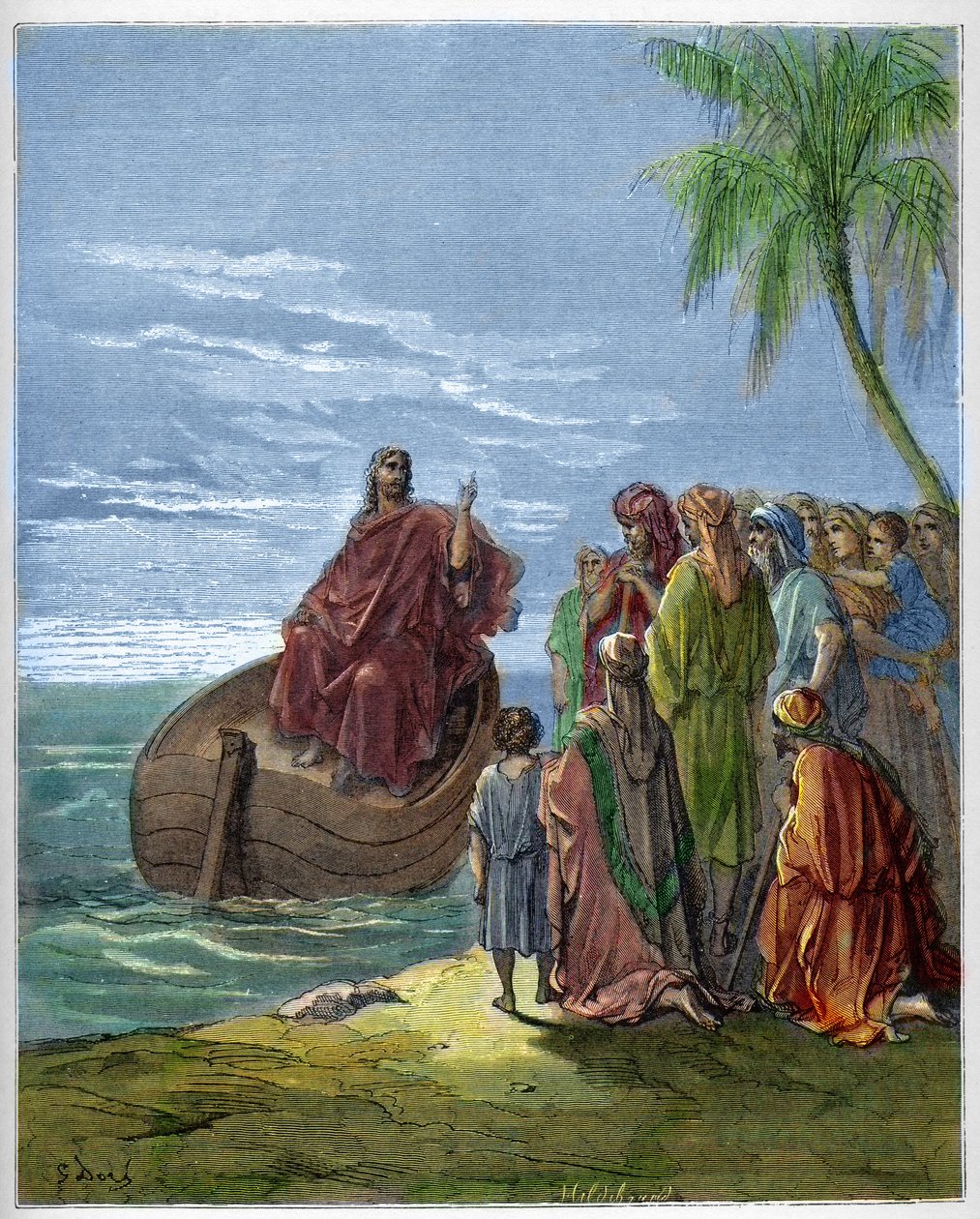 Jesus predikar vid Genesarets sjö (Genesareth, Ginosar eller Kinneret) (Tiberiadsjön) (Garileiska sjön) - Jesus predikar vid Genesarets sjö - - gravyr i "The Bible illustree" av Gustave Dore (1832-1883) - Gravyr från " "The Dore Bible"" av Gustave Dore