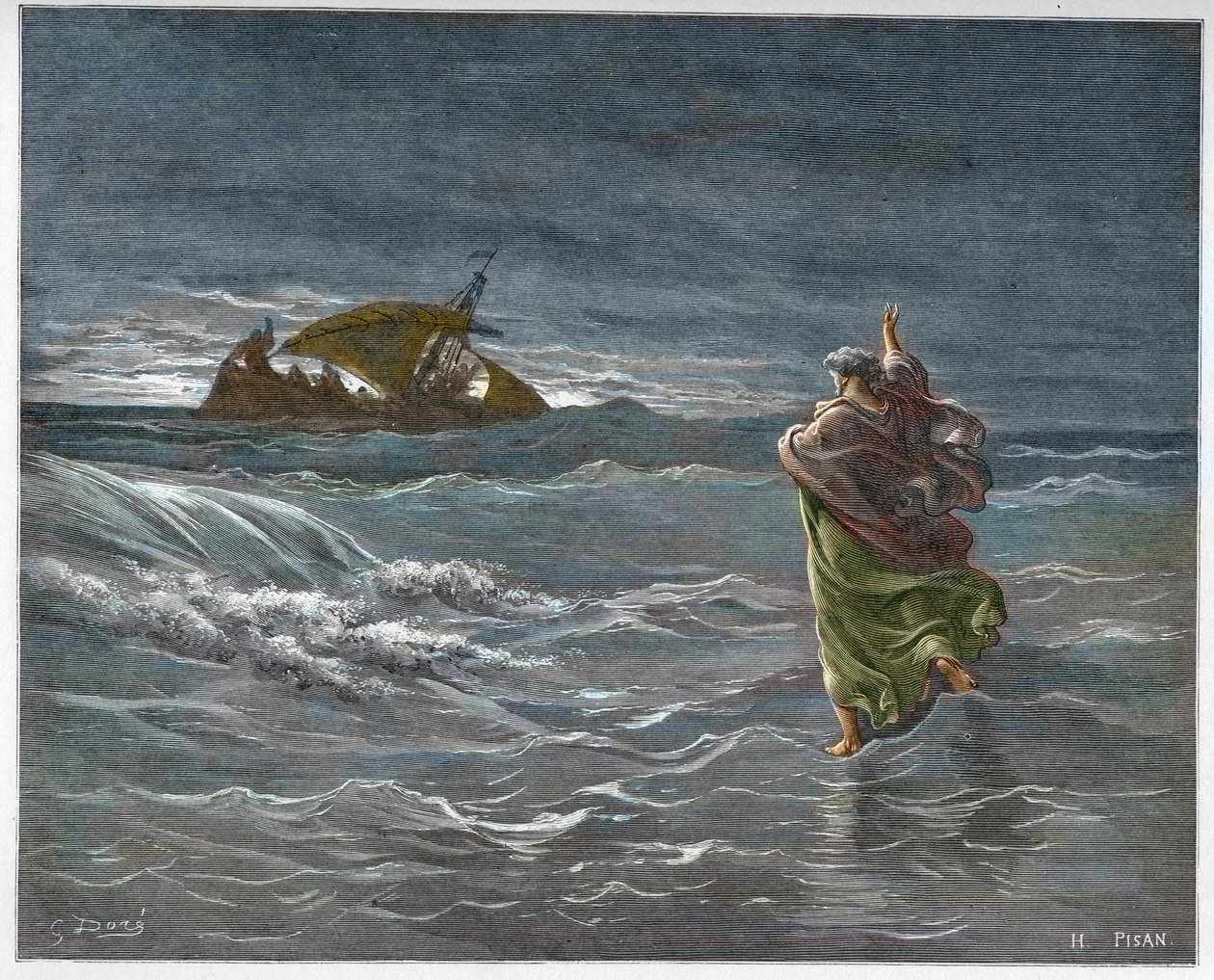 Jesus går på vattnet i Tiberiadesjön - Jesus går på havet (vatten) - gravering i "" The Bible illustree"" av Gustave Dore (1832-1883) - Gravyr från "" The Dore Bible"" av Gustave Dore