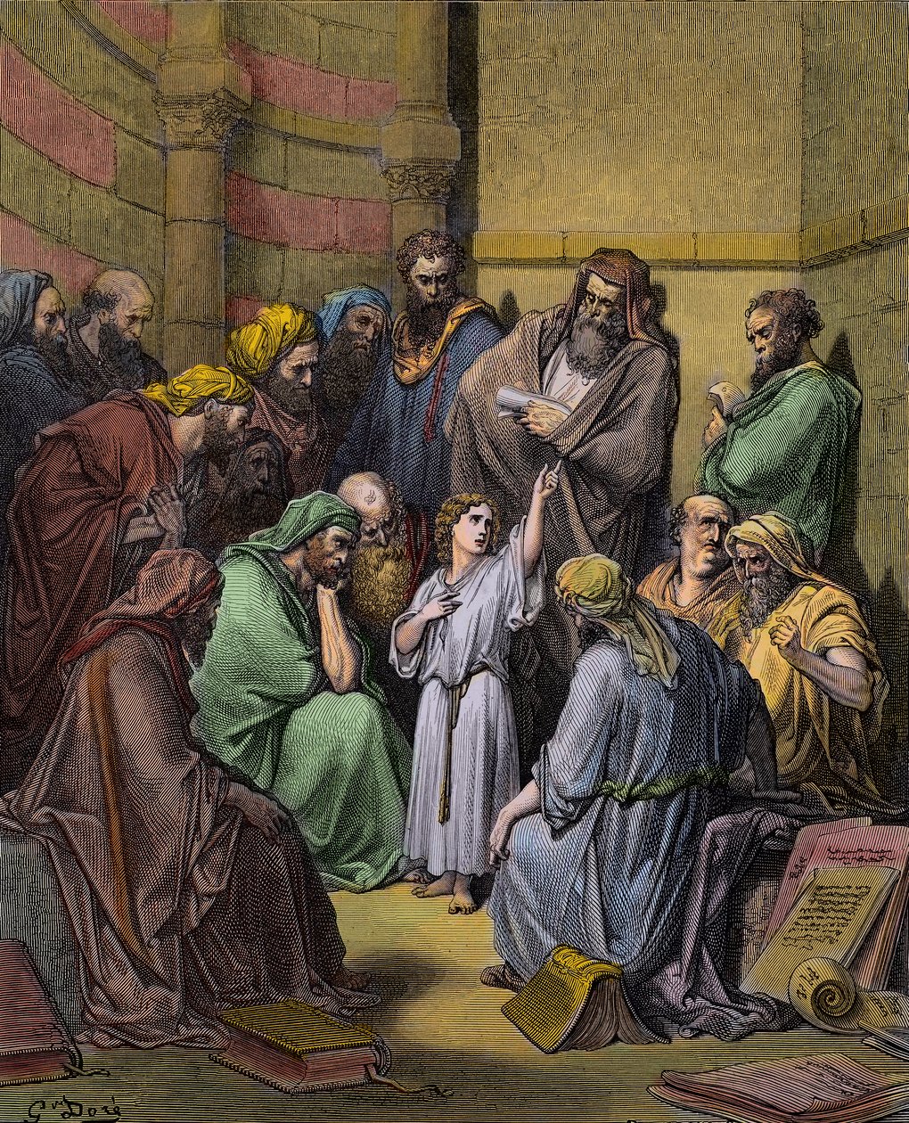 Jesus med läkarna i templet - Jesus i templet bland läkarna - gravyr av Gustave Dore (1832-1883) - senare färgläggning av Gustave Dore