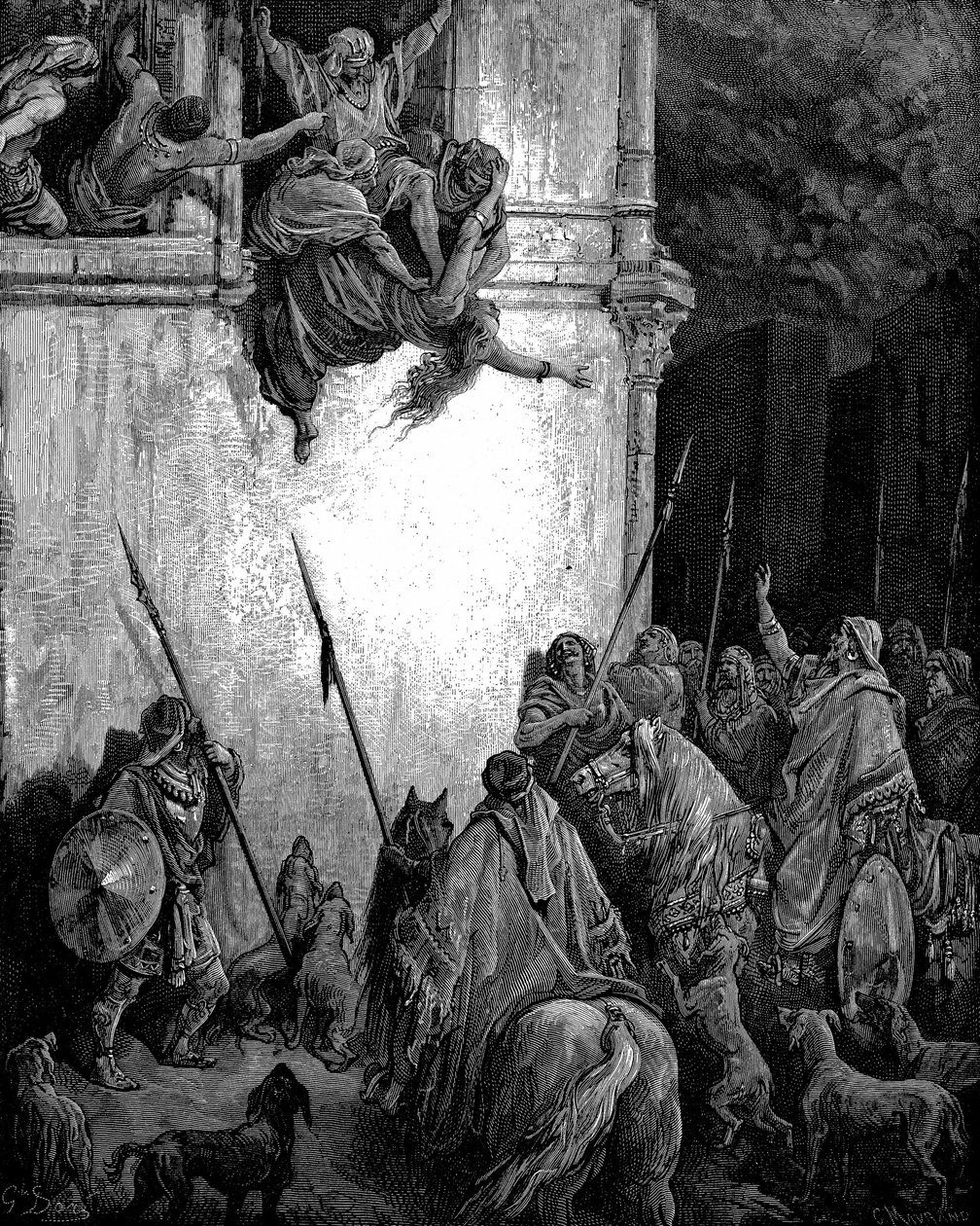 Jezebel, den feniciska prinsessan och hustru till kung Ahab av Israel kastas ut genom fönstret på Jehus order, och hennes kropp äts upp av hundar. 2 Kungaboken 9,33. Från Gustave Dore illustrerad Bibel 1866 Trästick av Gustave Dore