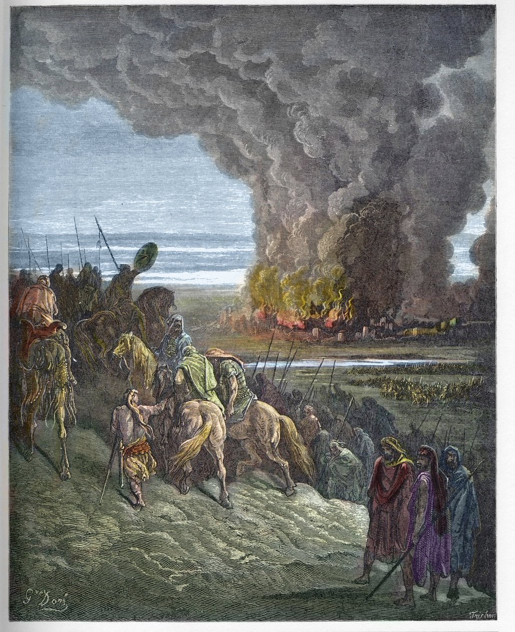 Joshua bränner staden Ai - Erövringen av staden Ai (Hai) av Josue (Josue Book to Flames the City of Ai) - gravyr i "" The Bible illustree"" av Gustave Dore (1832-1883) - Gravyr från ""The Dore Bible"" av Gustave Dore