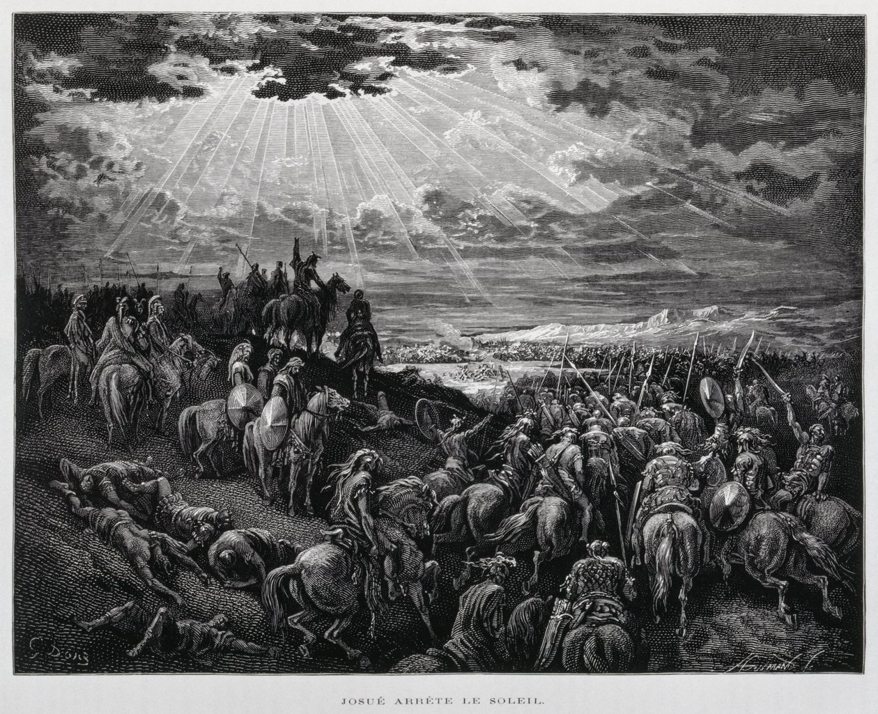 Joshua får solen att stå stilla, Illustration från Dore-bibeln av Gustave Dore