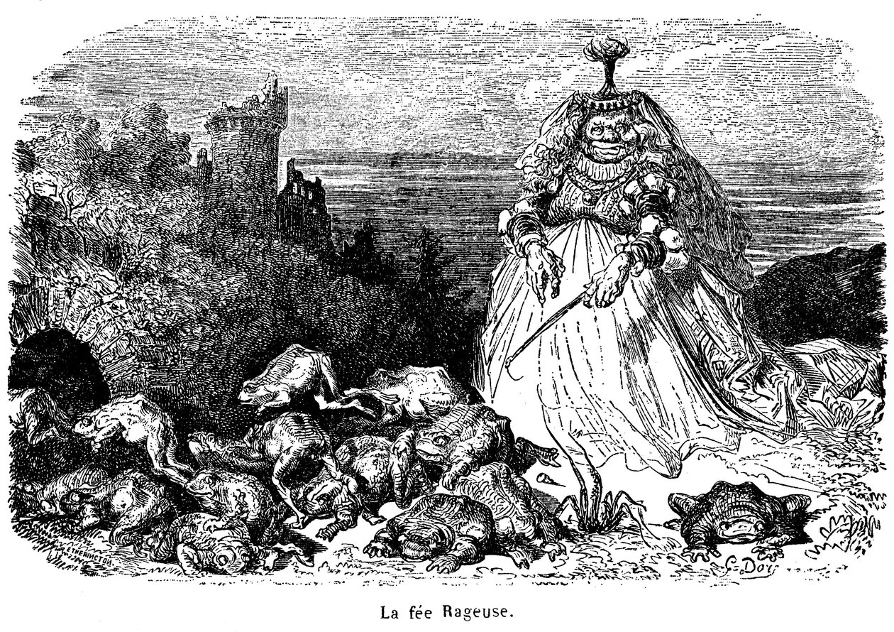 La fee Rageuse och hans flock paddor: gravyr av Gustave Dore för att illustrera sagan Puh, av grevinnan av Segur, från New Tales of Fees, Hachette 1896 - av Gustave Dore