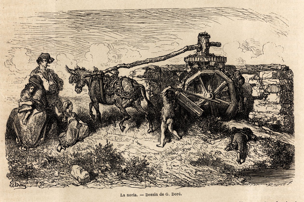 La noria, en hydraulisk maskin för att höja vattennivån med hjälp av energin som produceras av strömmen, ritning av Gustave Dore (1832-1883), för att illustrera hans resa till Spanien, med C. Davillier, 1862. Gravyr i "" Le tour du monde "", redigerad av E av Gustave Dore