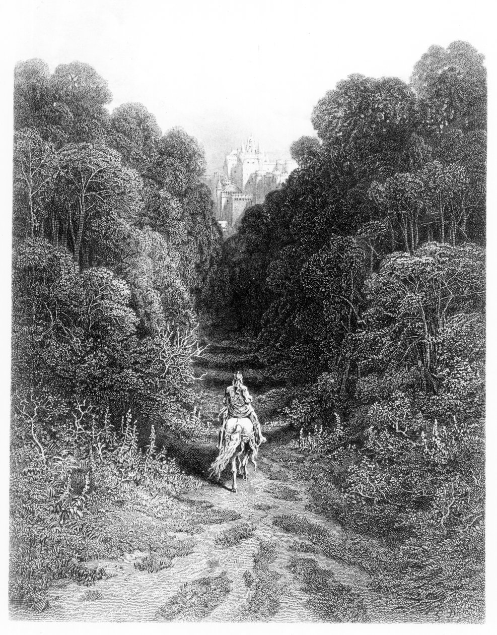 Lancelot närmar sig slottet i Astolat, illustration från "Idylls of the King" av Alfred Tennyson (litho) av Gustave Dore