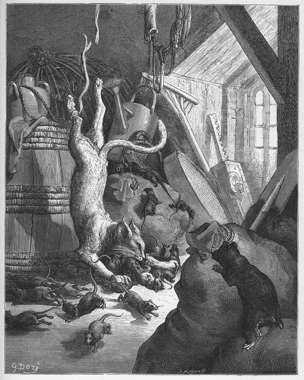 Katten och en gammal råtta - Katten och en gammal råtta - från "Fables" av Jean de La Fontaine av Gustave Dore