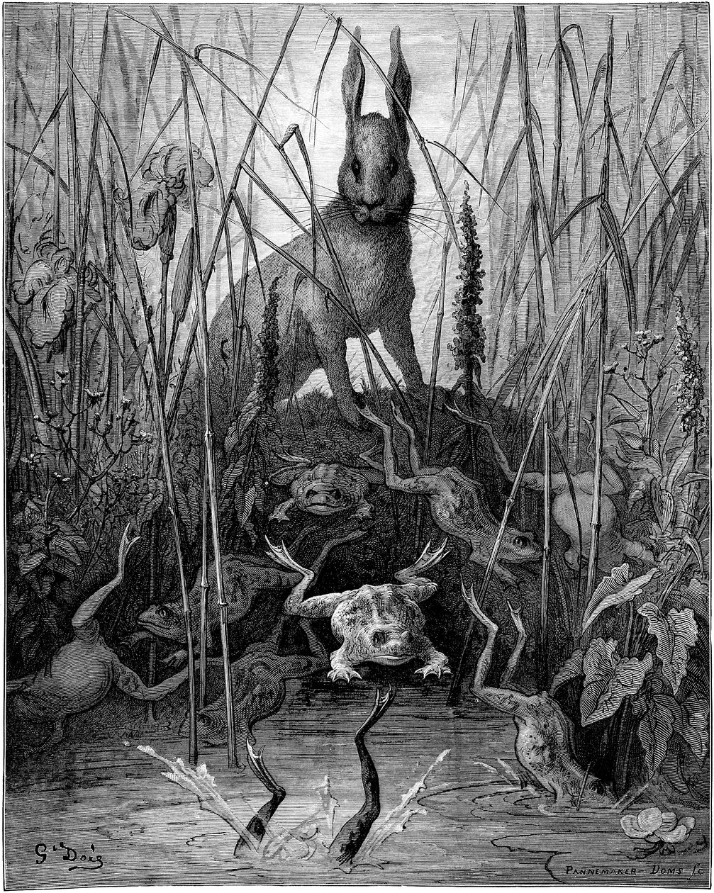 Haren och grodorna: fabel av Jean de la Fontaine illustrerad av Gustave Dore - Haren och grodorna - av Gustave Dore