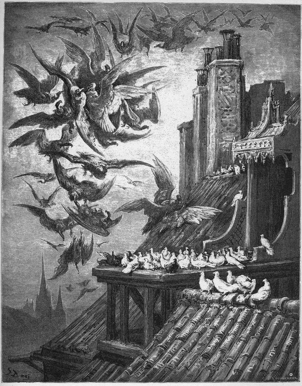 The Vultures And The Pigeons - från "Fables" av Jean de La Fontaine av Gustave Dore