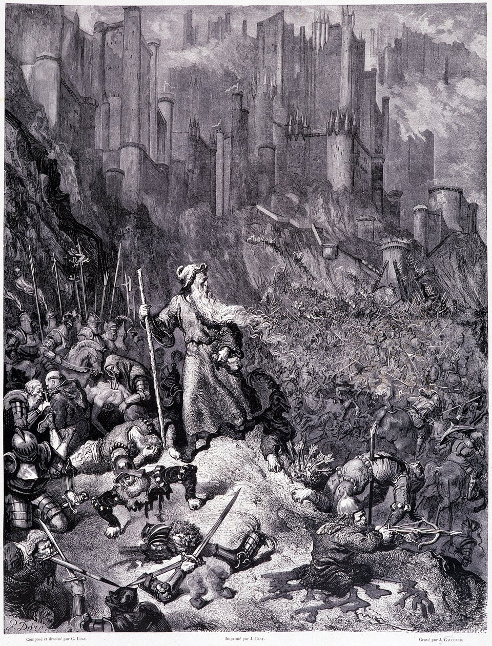 Striderna, plåt IX - Illustration av Gustave Dore (1832-1883), för La legende du Jeif wandering av Pierre Dupont, upplaga Librairie du Magasin Picturesque, Paris 1862 av Gustave Dore