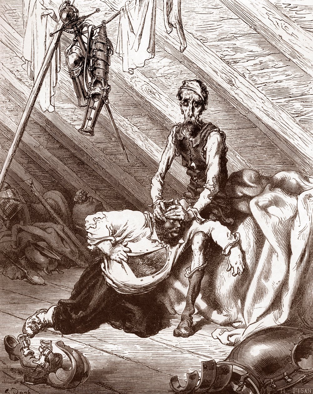 Dåliga effekter av elixiret från Fierabras (dåliga effekter av medicinen som skulle läka Sanchos blåmärken) Gravyr av Gustave Dore (1832-1883) för "L