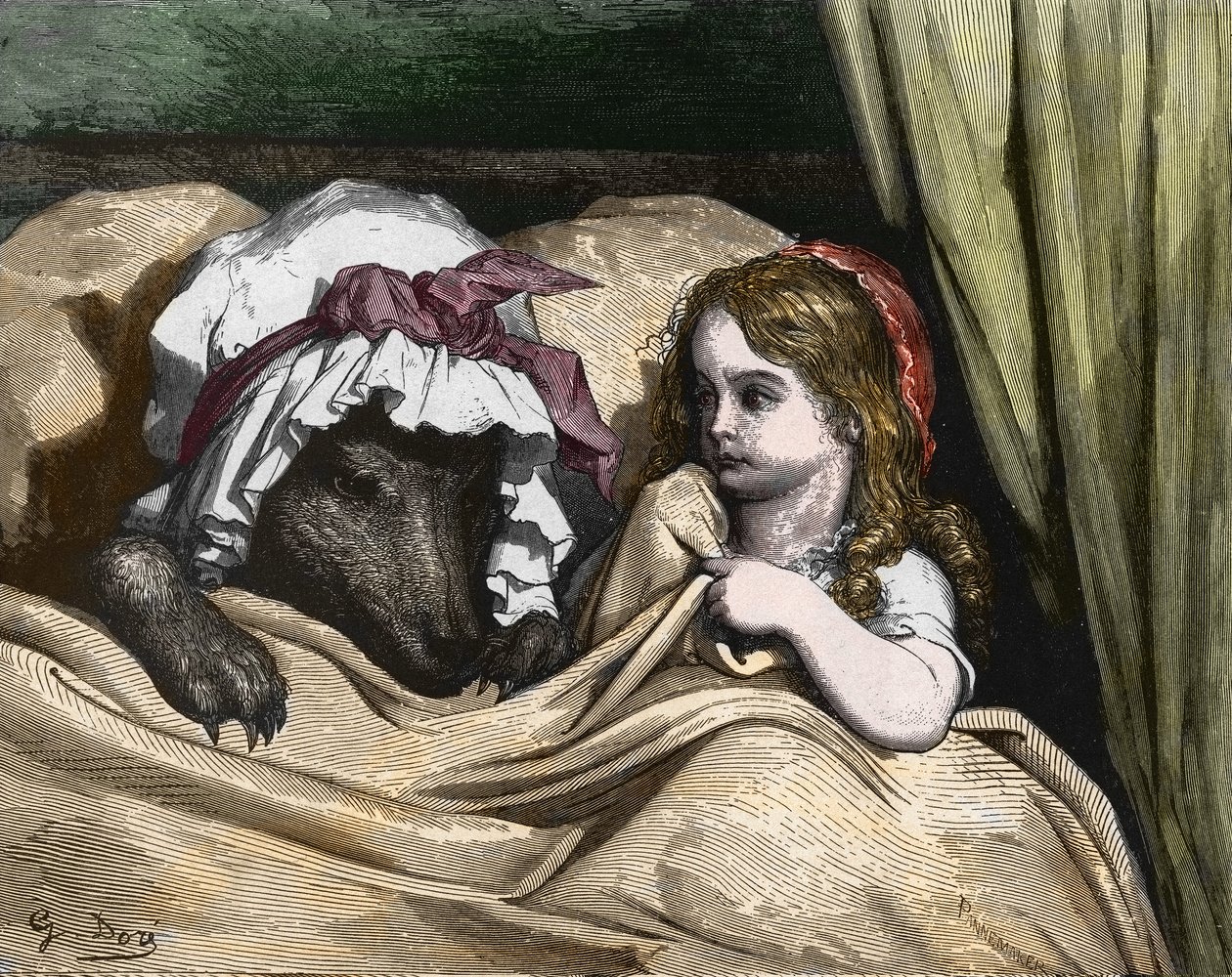 Rödluvan och Vargen ogillar som mormor. Illustration av Gustave Dore av Gustave Dore
