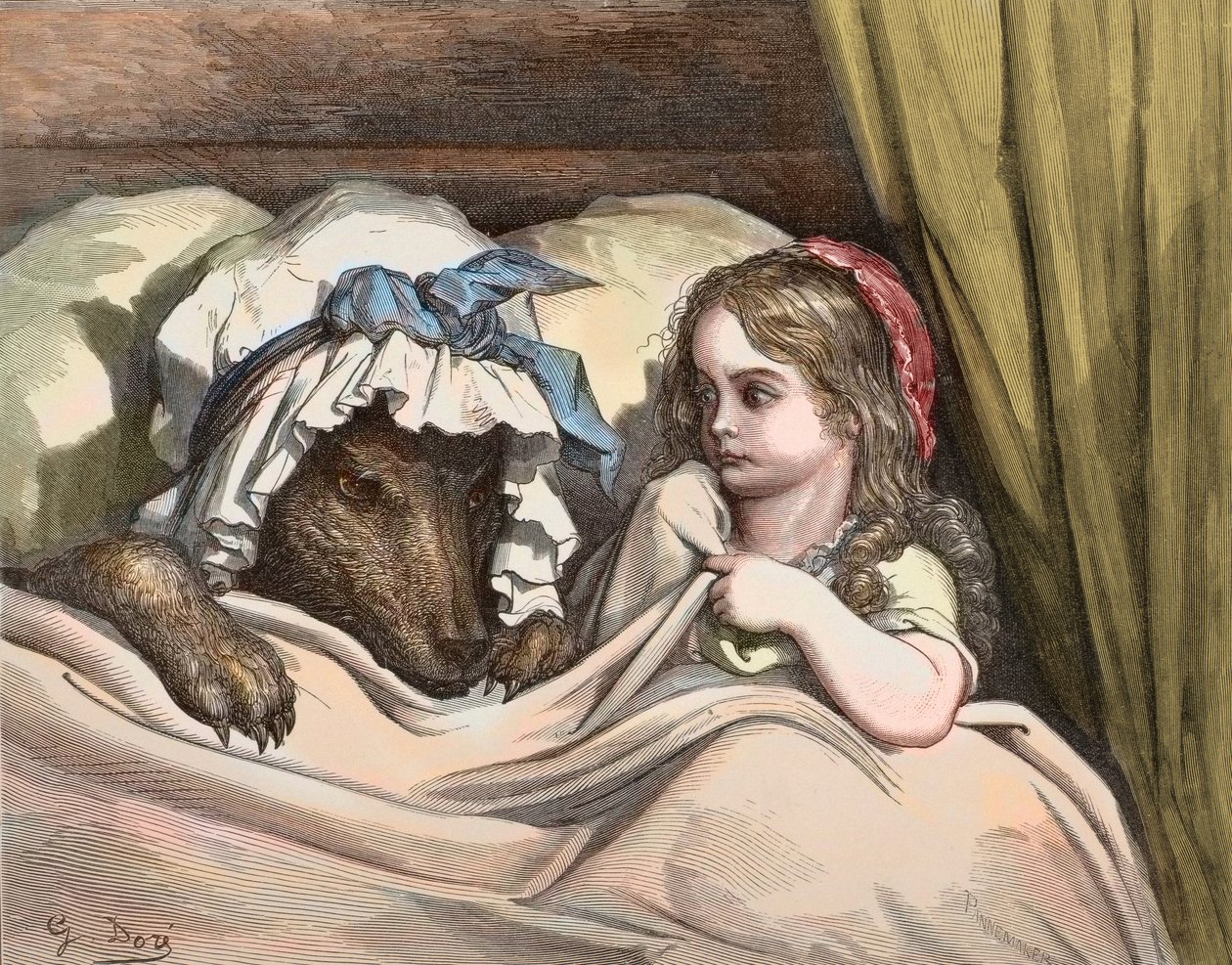 Rödluvan och Vargen ogillar som mormor. Illustration av "The Tales" av Charles Perrault (1628-1703) av Gustave Dore (1832-1883) 1867 - Rödluvan - Gustave Dore (1832-1883) Gravyr av Gustave Dore