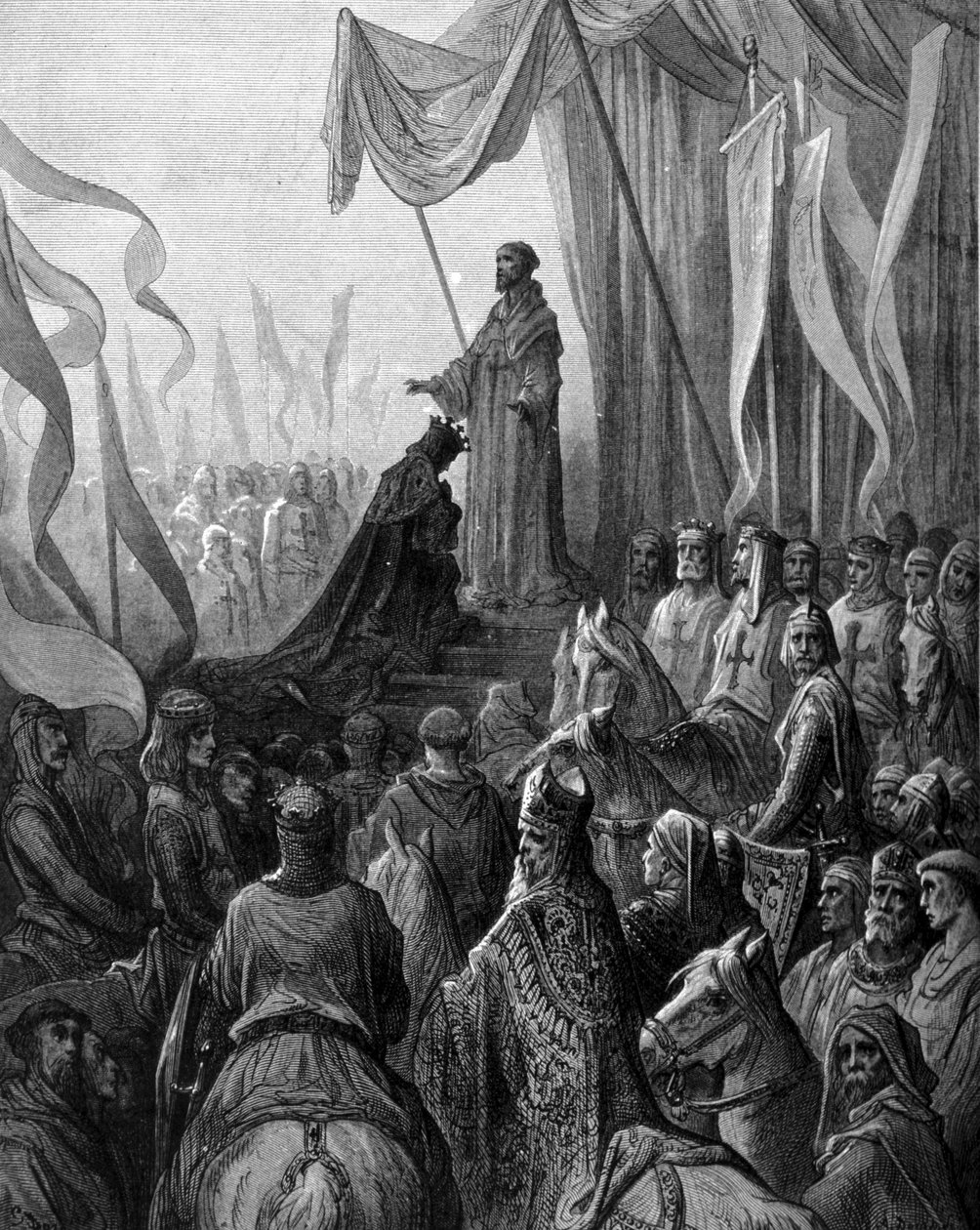 Ludvig VII (1120 - 1180) knäböjer inför St Bernard av Clairvaux (San Bernardo di Chiaravalle) i Vezelay. Gravyr av Gustave Doré. 1800-talet av Gustave Dore