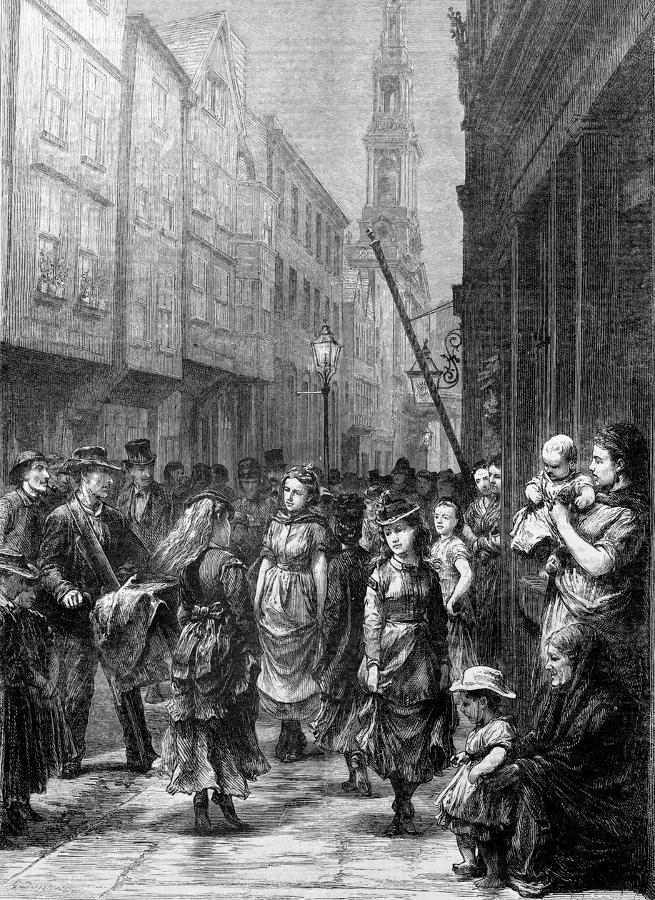 Låga flickor som dansar för handel, Drury Lane, City of Westminster, London, c1852-c1883 av Gustave Dore