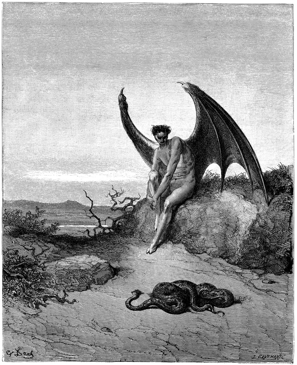 Lucifer (Satan, dechu-ängel, föll från himlen till jorden) möter ormen. Illustration av Gustave Dore till "Det förlorade paradiset" av John Milton (1608-1674). Gravyr från 1866. Privat samling av Gustave Dore