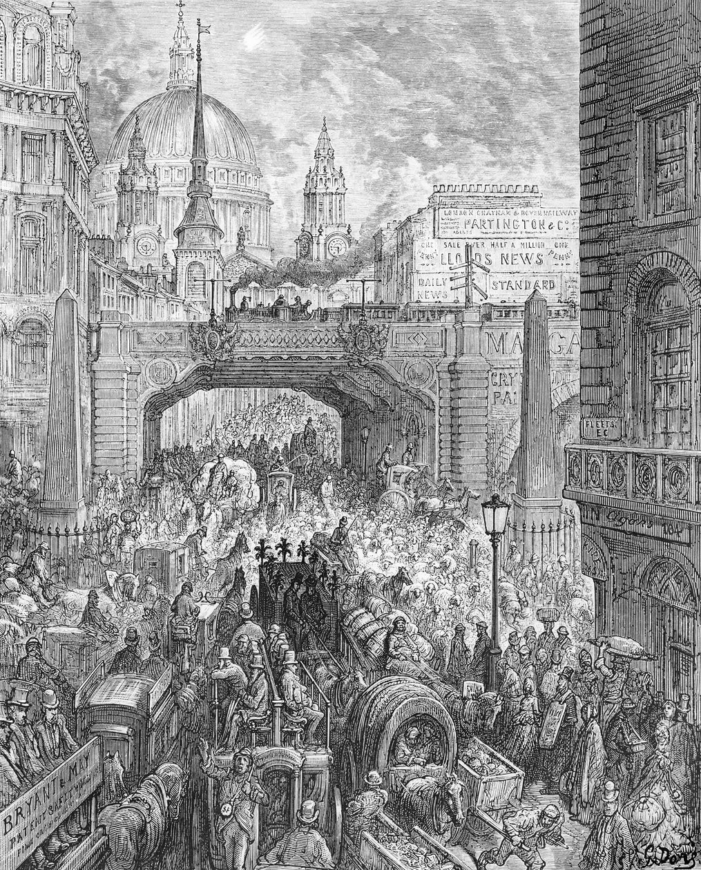 Ludgate Hill, från "London, a Pilgrimage", skriven av William Blanchard Jerrold (1826-94) pub. 1872 (gravyr) av Gustave Dore