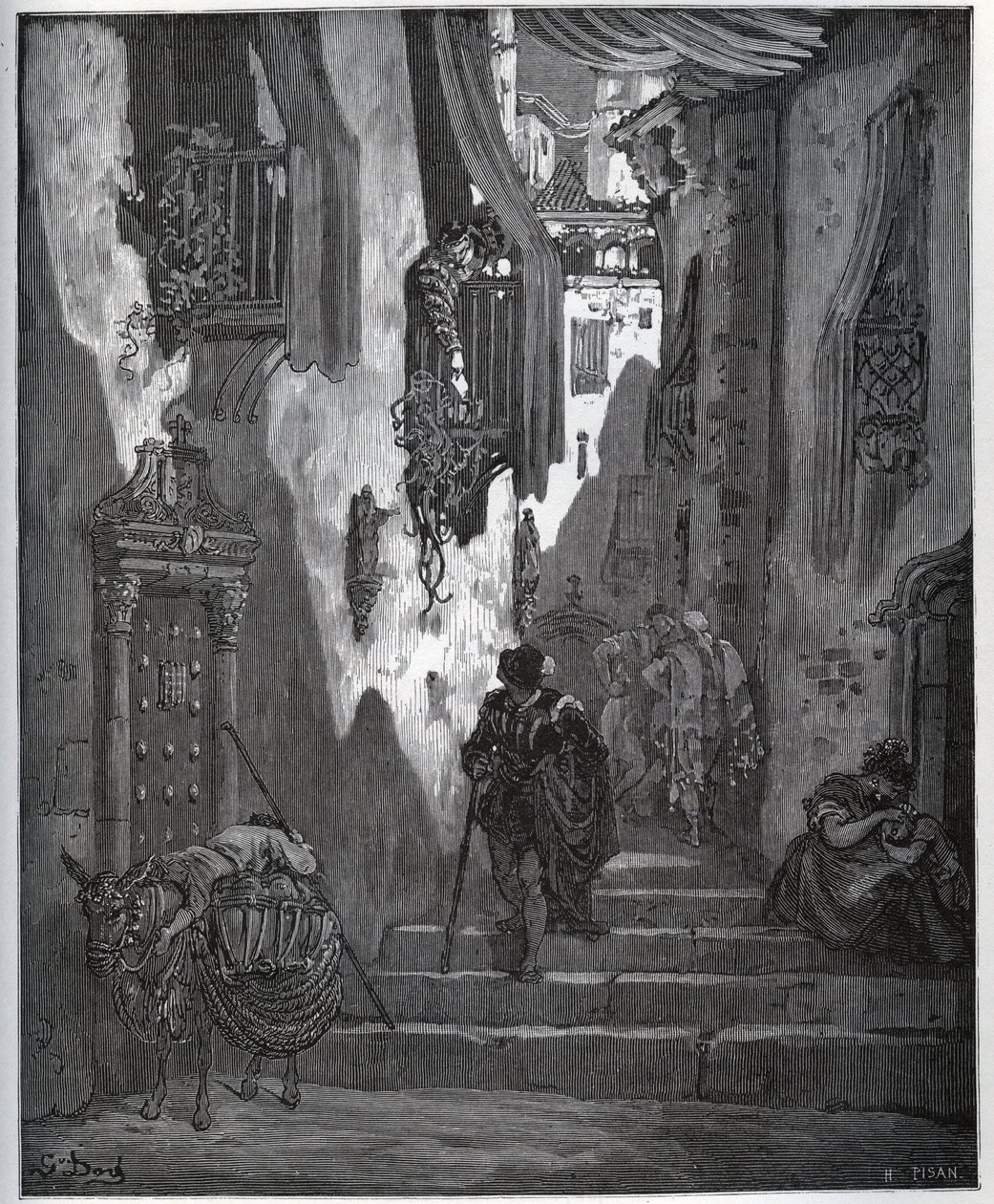 Luscinde skickar en biljett till Cardenio - från "Don Quixote de la Mancha" av Miguel Cervantes (1547-1616) (Don Quijote) - Träsnitt efter teckning av Gustave Dore av Gustave Dore
