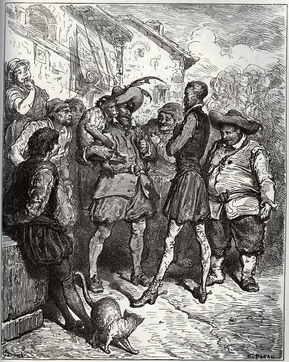 Maese Pedro och den spådomsapen - från "Don Quixote de la Mancha" av Miguel Cervantes (1547-1616) (Don Quijote) - Träsnitt efter teckning av Gustave Dore av Gustave Dore