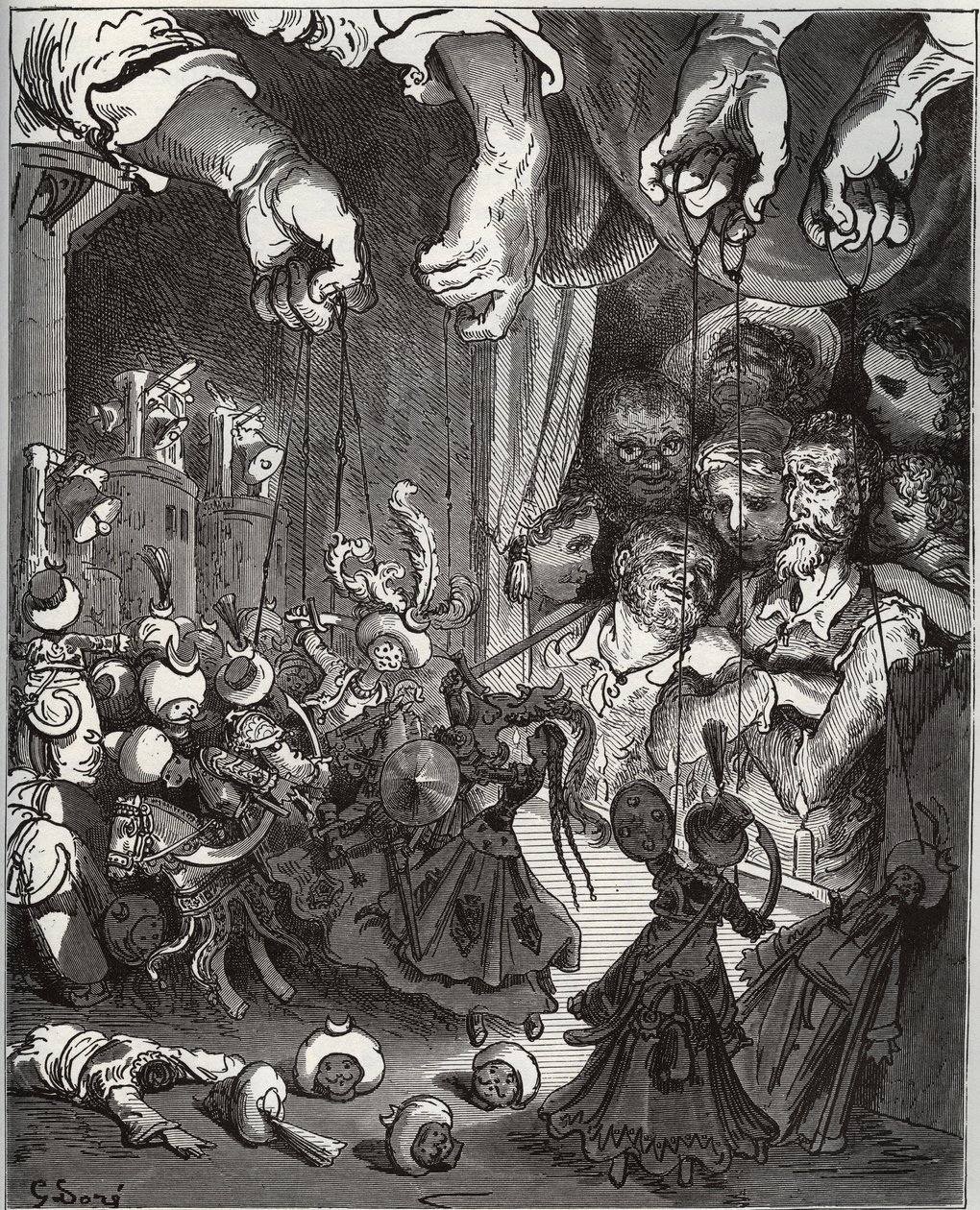 Maese Pedros dockteater - från "Don Quixote de la Mancha" av Miguel Cervantes (1547-1616) (Don Quijote) - Träsnitt efter teckning av Gustave Dore av Gustave Dore
