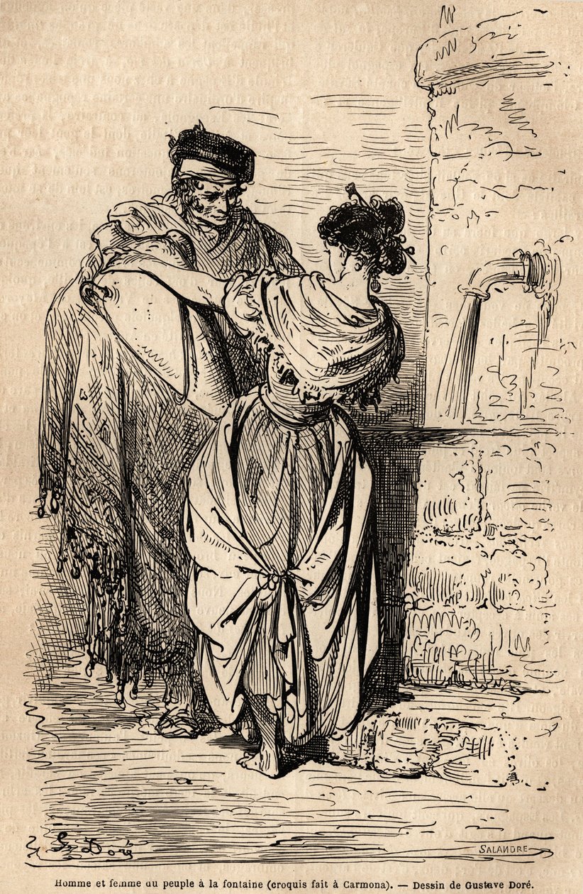 Man och kvinna av folket har fontänen, i Carmona, by nära Sevilla. Skiss tagen live av Gustave Dore (1832-1883). Gravyr för att illustrera resan i Spanien, 1862 av Charles Davillier och Gustave Dore, i "Le tour du monde, nouveau av Gustave Dore