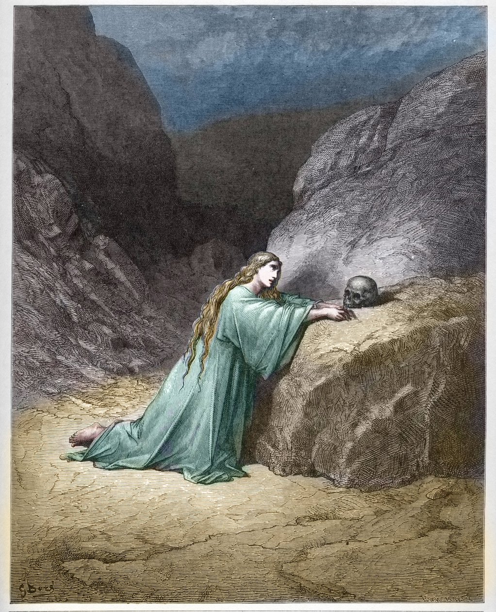 Mary Magdalena repentant (Den ångerfulla Maria Magdalena) - - gravyr i "The Bible illustree" av Gustave Dore (1832-1883) - Gravyr från "" The Dore Bible"" av Gustave Dore