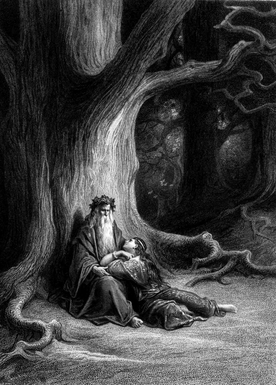 Merlin och Viviane i Broceliande-skogen (Cycle des chevaliers de la Table Ronde) - i "" Viviane"" av Alfred Tennyson, illustration av G. Doré av Gustave Dore