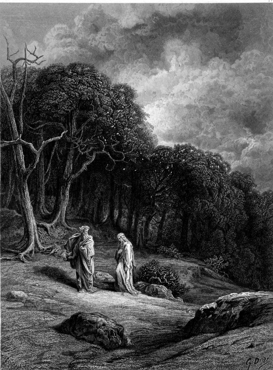 Merlin och Viviane i Brocéliandeskogen - i "" Viviane"" av Alfred Tennyson, illustration av G. Doré av Gustave Dore