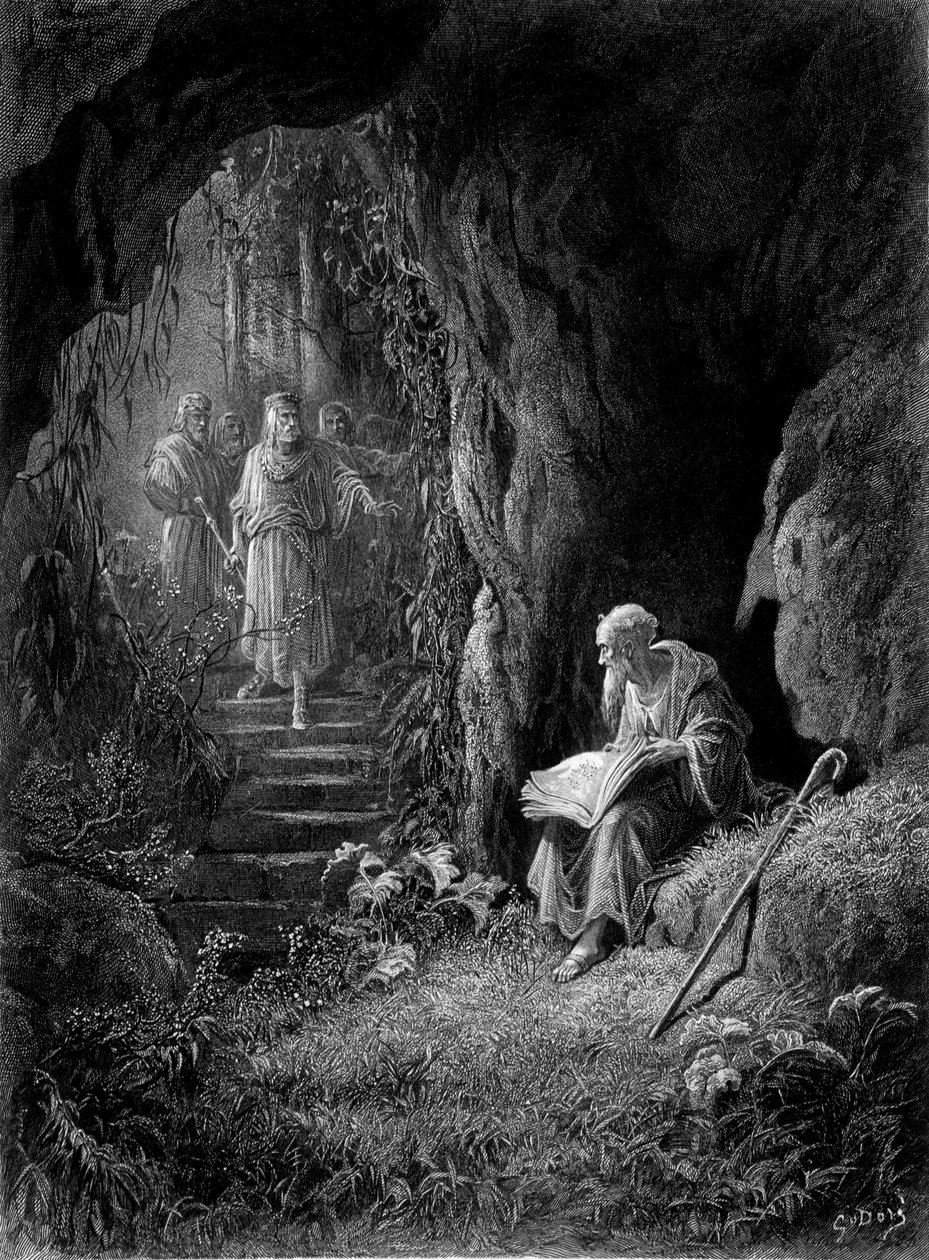 Merlin upptäckt av kung Arthurs officerare i Broceliande-skogen (Cycle des chevaliers de la Table Ronde) - i "" Viviane"" av Alfred Tennyson, illustration av G. Doré av Gustave Dore