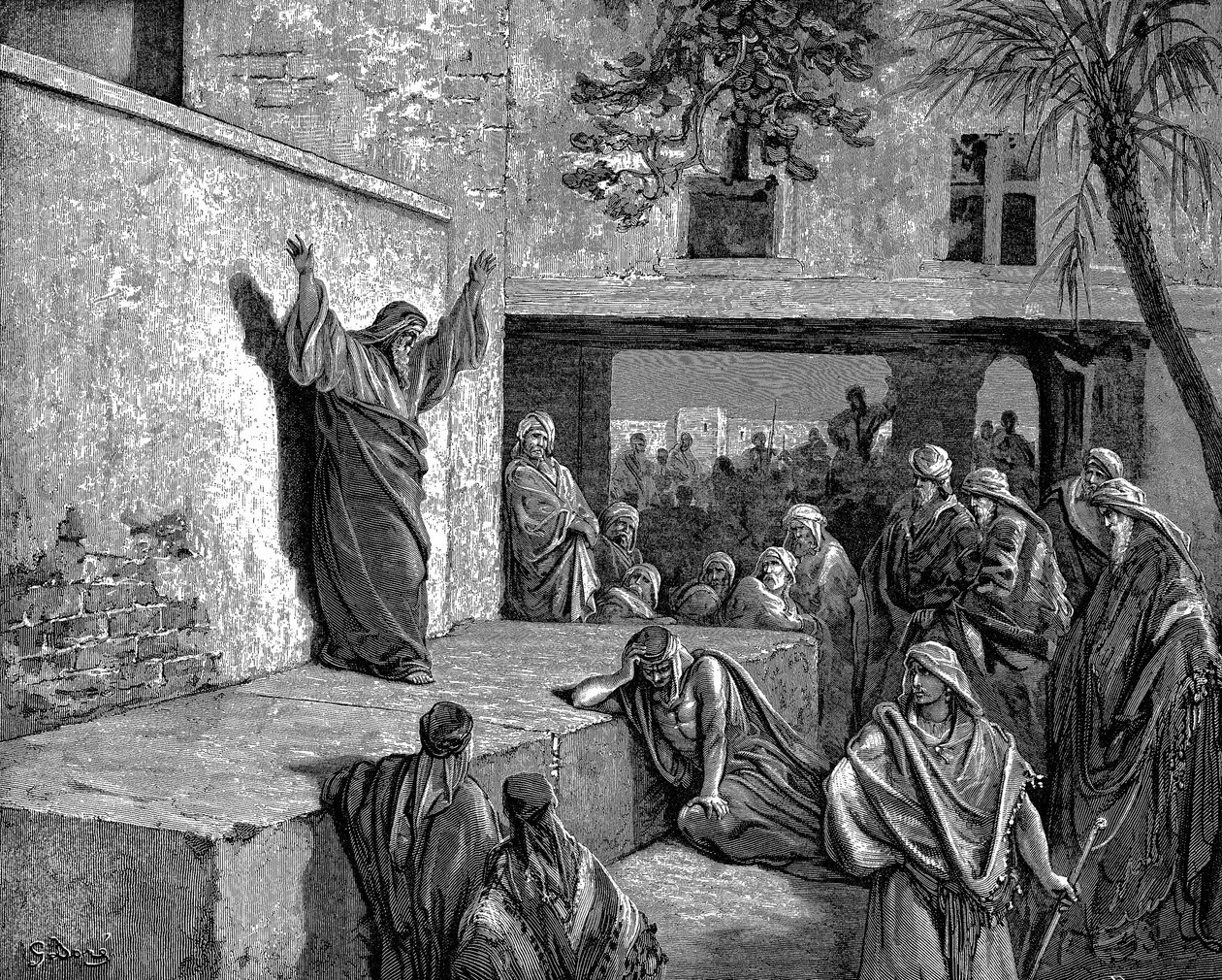 Mika, den Moreshtitiska profeten, berättar för israeliterna. För se, Herren kommer fram ... och kommer att komma ner och trampa på jordens höjder. Bibeln Mika I:3. Illustration av Gustave Dore 1865-1856. Trägravyr av Gustave Dore