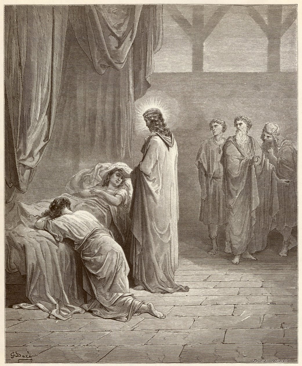 Mirakel: Jesus Kristus helade Jaires dotter (Jairus eller Jairos). Gravyr från Bibeln illustrerad av Gustave Dore (1832-1883) av Gustave Dore