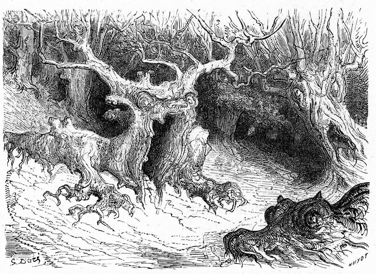 Monstruös bok i Ossaudalen, antropomorfa monsterträd. Gravyr av Gustave Dore som illustrerar boken "Voyage aux Pyrenees d