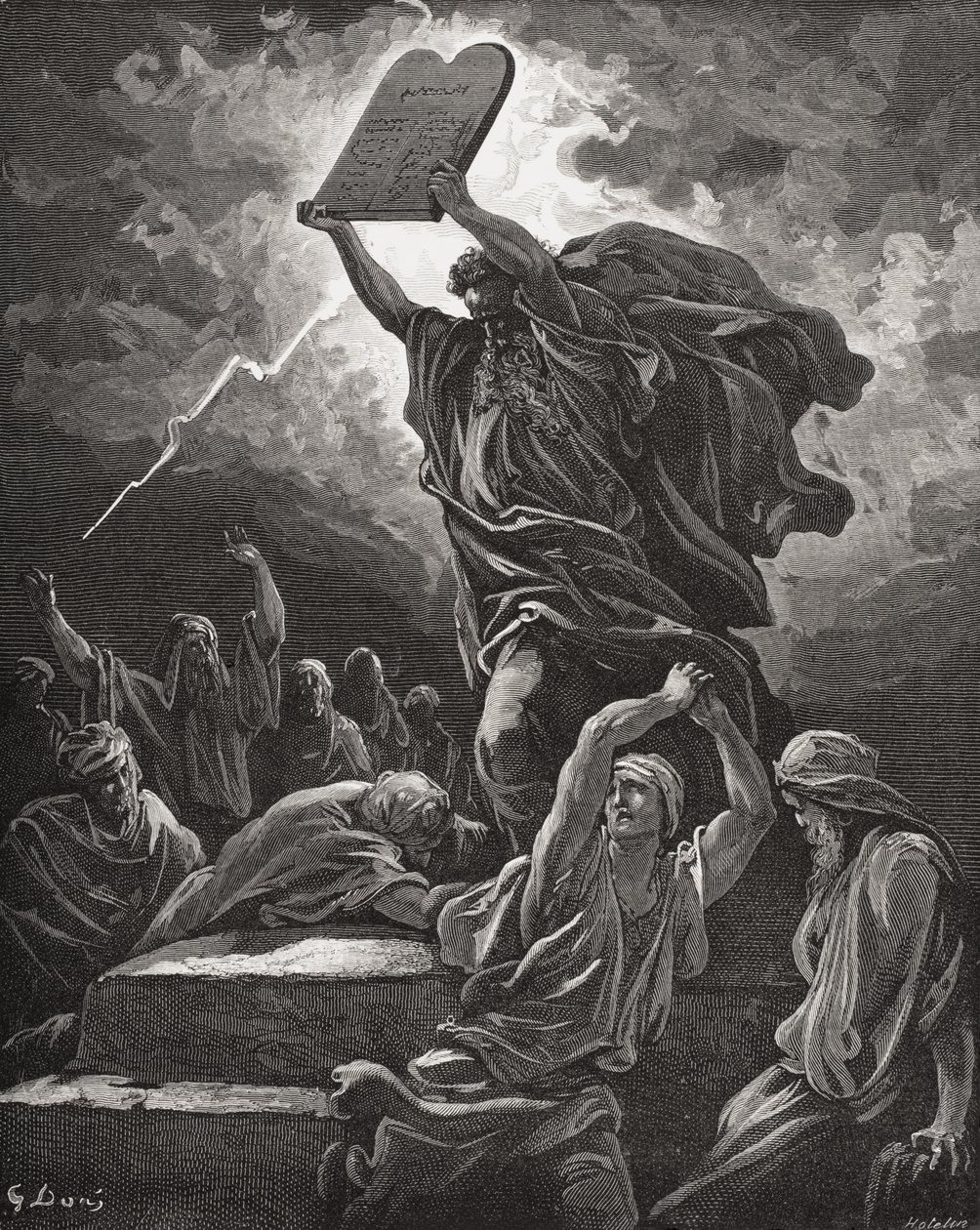Moses Breaking the Tablets of the Law, 2. Mosebog 32:19, illustration fra Dores 