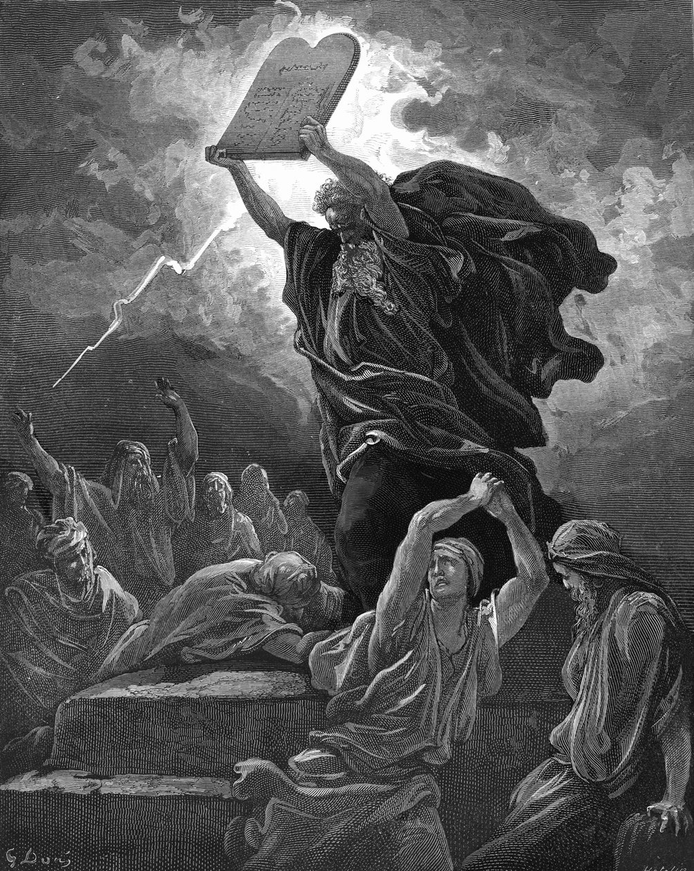 Mose bryter lagens tavlor, graverar. - Bibeln av Gustave Dore