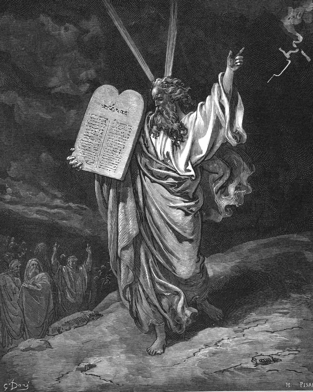 Moses stiger ner från berget Sinai med lagens tavlor (tio budord). Andra Moseboken 5.35. Illustration av Gustave Dore (1832-1883) för Bibeln (London 1866). Trägravyr. av Gustave Dore
