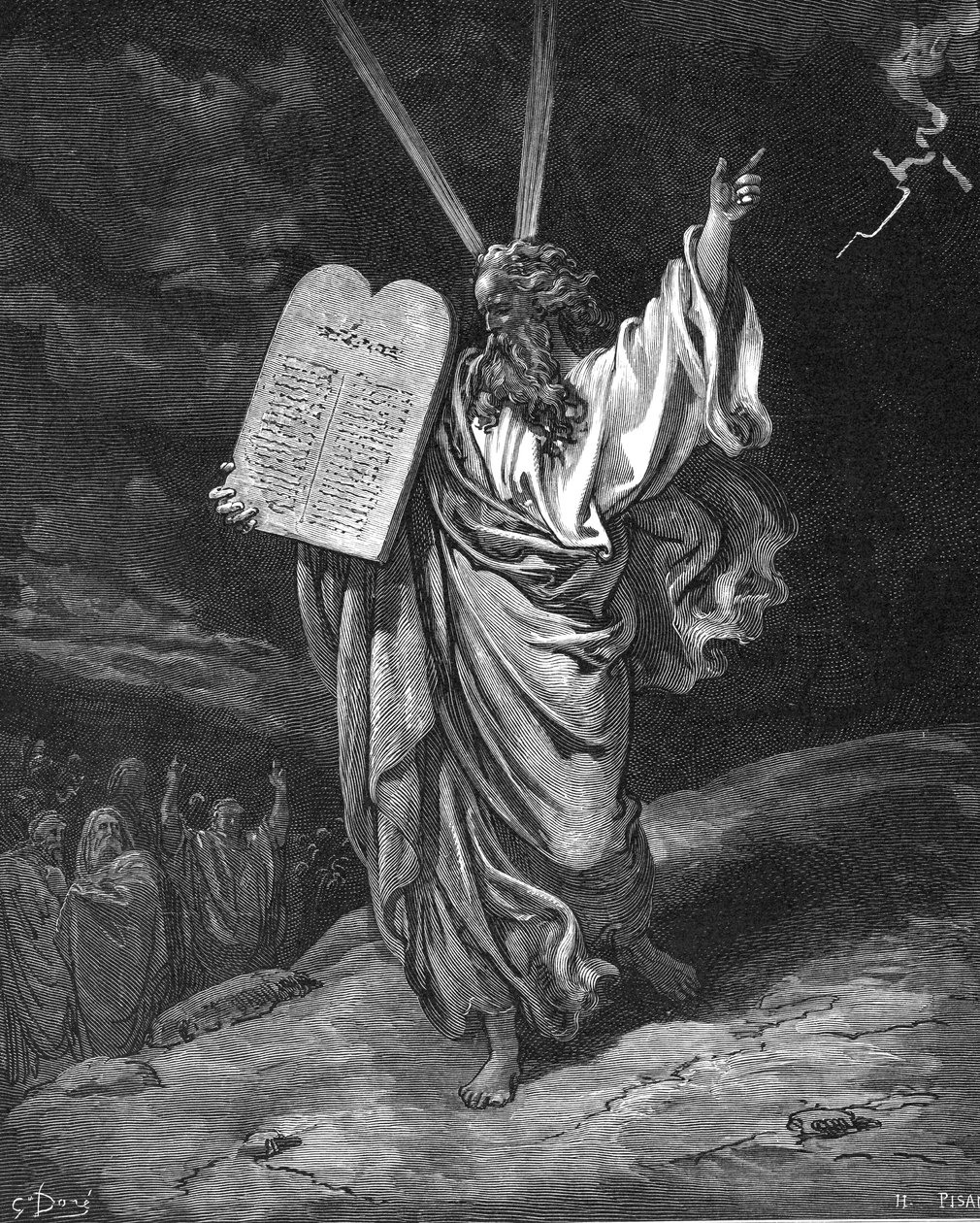 Moses stiger ned från berget Sinai med lagens tavlor, de tio budorden, 1866 av Gustave Dore