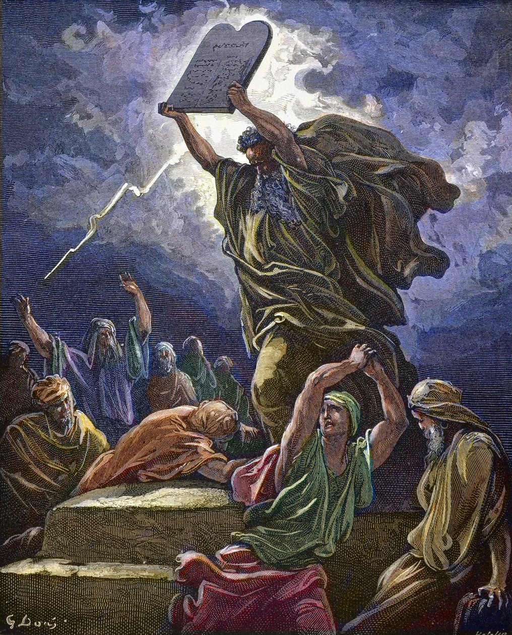 Moses hittar judiskt folk som dyrkar guldkalven och bryter mot lagens tabeller - Moses bryter mot lagens tavlor - Gustave Dore (1832-1883) av Gustave Dore