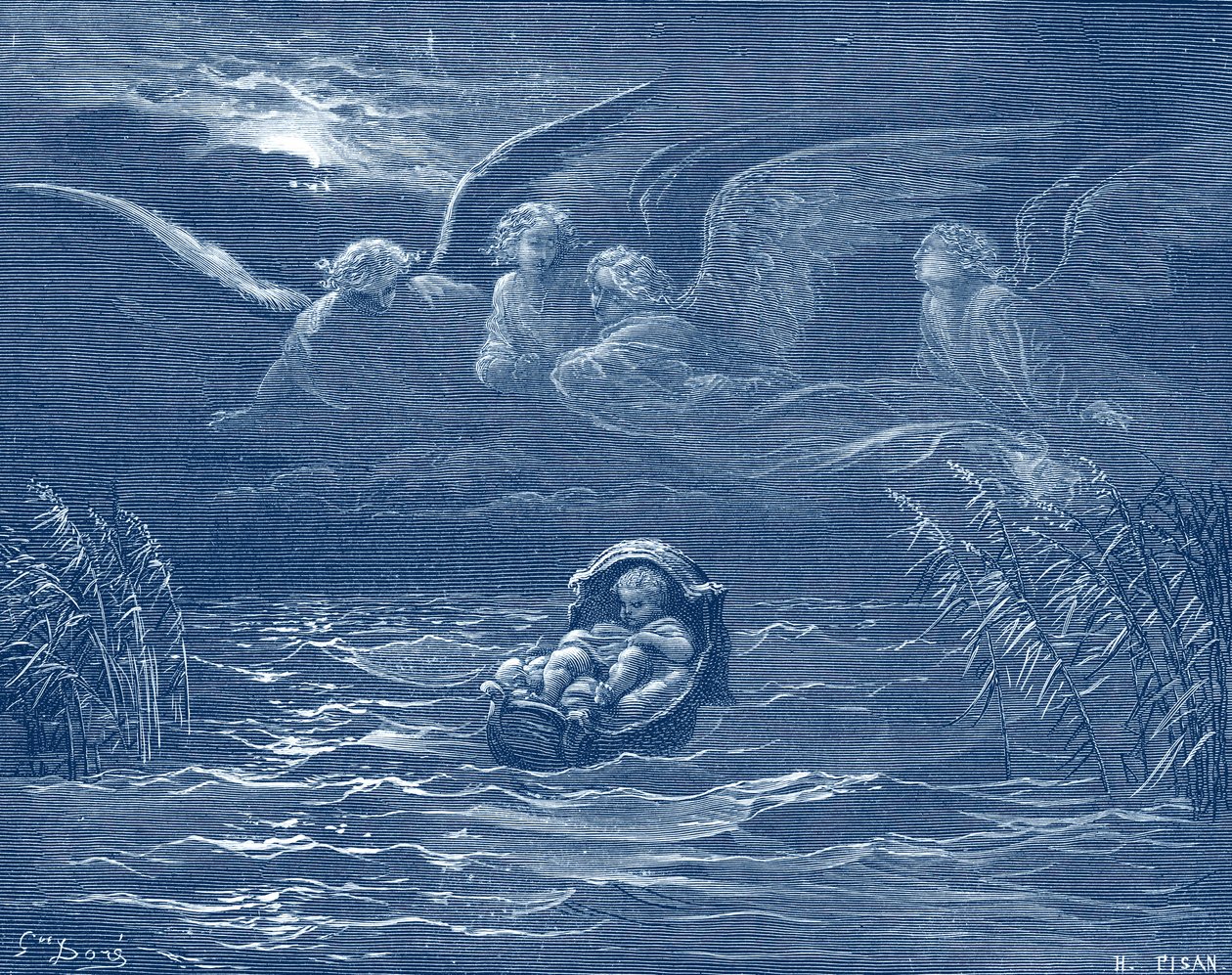 Moses på floden Nilen, gravyr av Doré - Bibeln av Gustave Dore