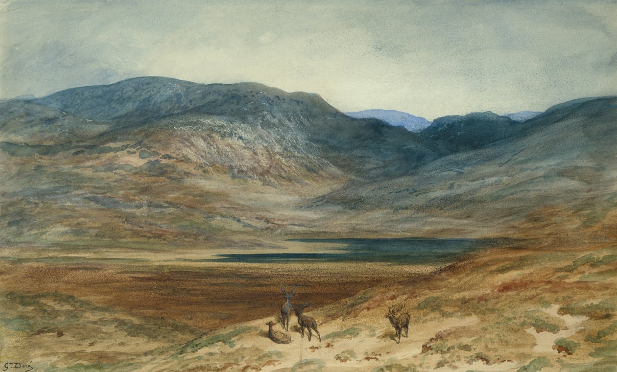 Bergigt landskap med svensexor, 1873 (wc & krita på papper) av Gustave Dore