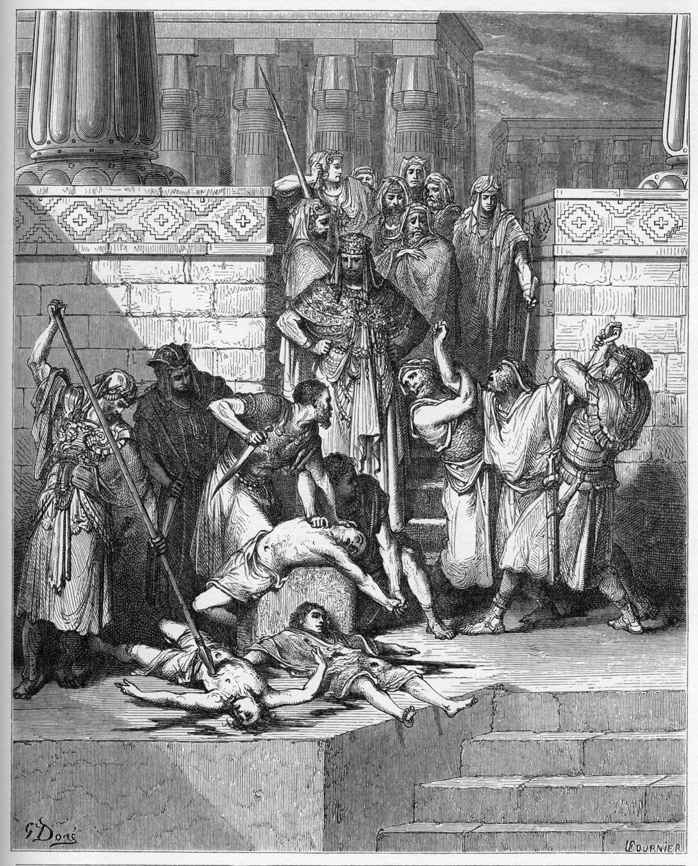 Nebukadnessar beordrar att rebellen Sidkias söner ska dödas - gravering i "The Bible illustree" av Gustave Dore (1832-1883) - Gravyr från "" The Dore Bible"""" av Gustave Dore