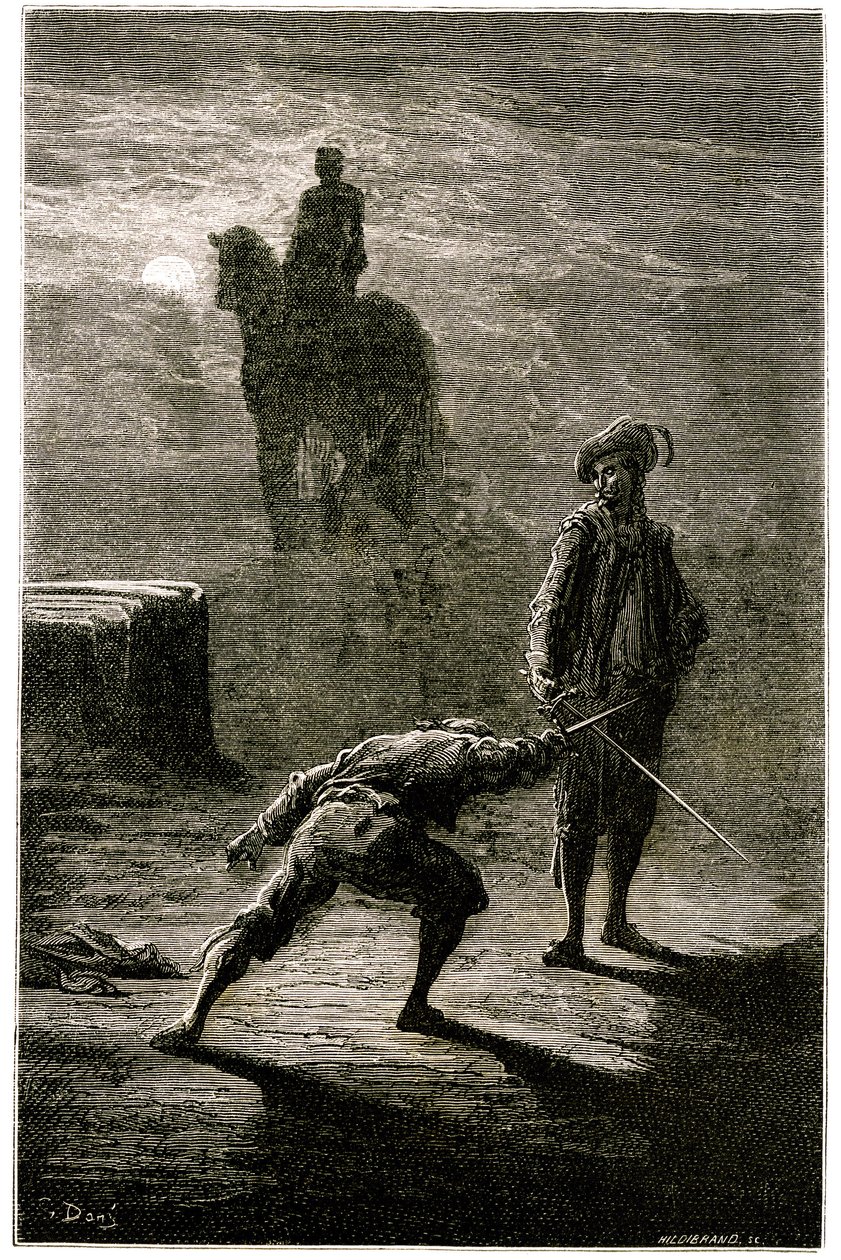 Nattduell i månskenet mellan Baron de Sigognac och Jacquemin Lampourde, under ryttarstatyn av kungen av brons. Gravyr av Gustave Dore som illustrerar Theophile Gautiers roman "Le capitaine Fracasse", edition Charpentier 1863. av Gustave Dore