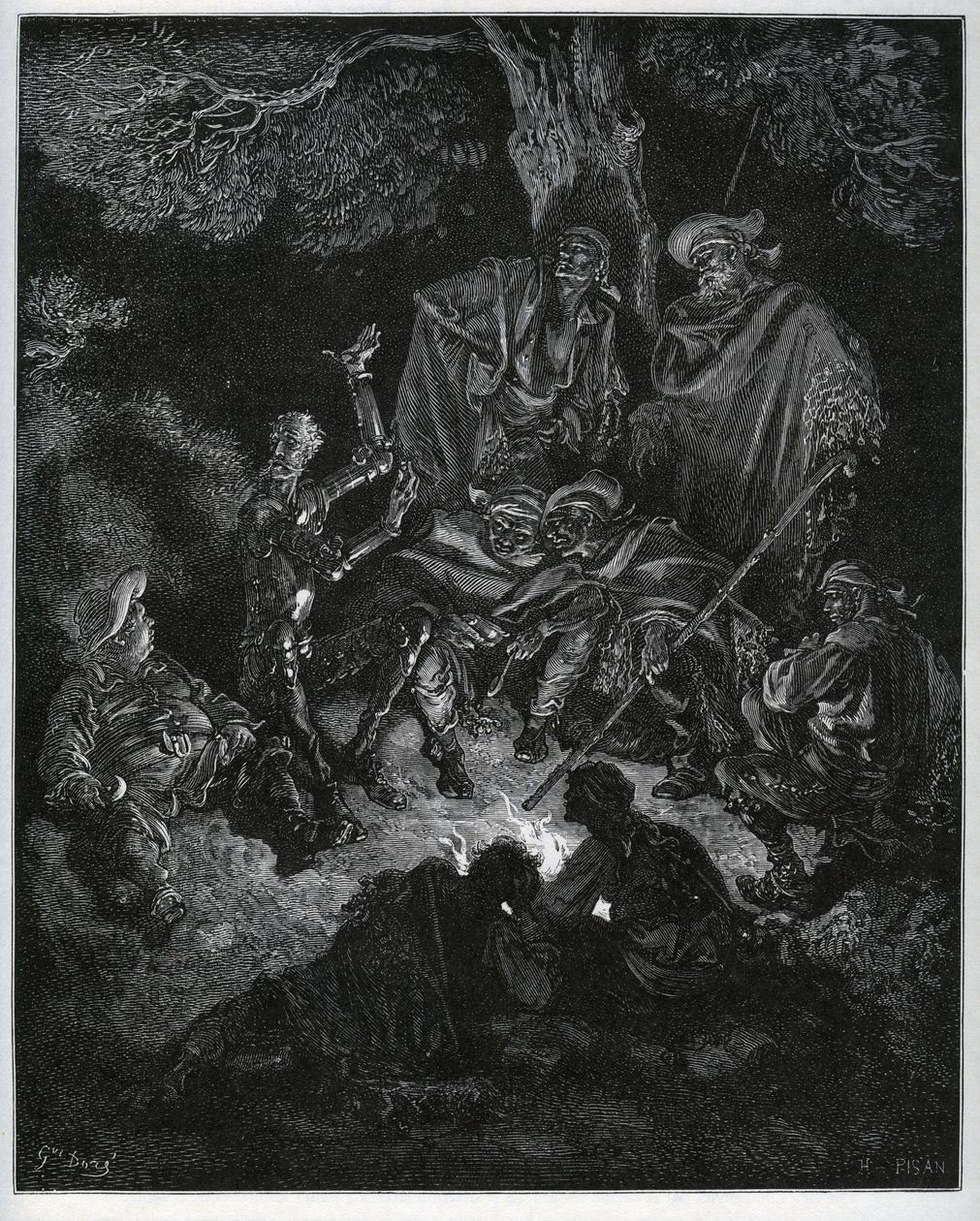Nattljus där Don Quijote berättar historien om världen för getterna och en Sancho Panza - från "Don Quixote de la Mancha" av Miguel Cervantes (1547-1616) (Don Quijote) - Träsnitt efter teckning av Gustave Dore av Gustave Dore